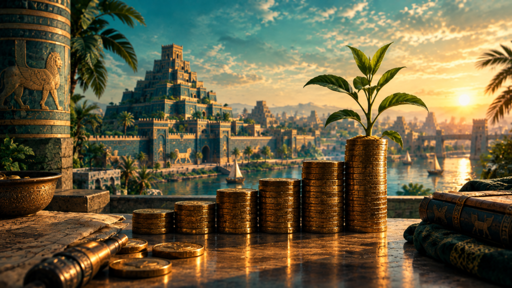 Ascending stacks of gold coins with a small plant sprouting from the tallest stack, set against the walls and hanging gardens of ancient Babylon